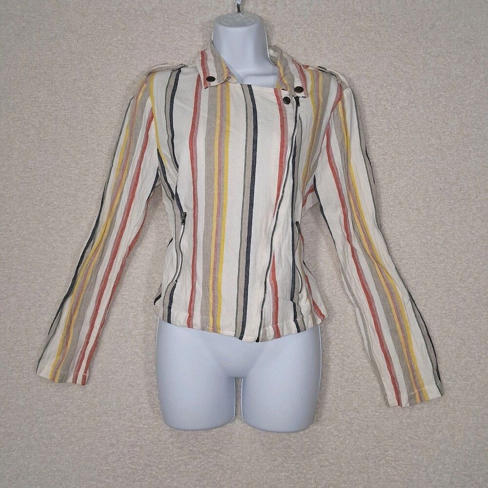 Linen Blend Striped Asymmetrical Zip Lapel Shacket Sz L Moto Retro Lightweight